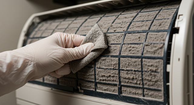 Close-up of a hand cleaning a reusable air conditioner filter, emphasizing the importance of maintenance.