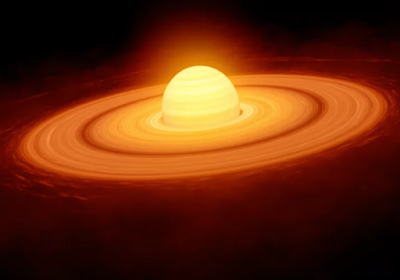 A vibrant digital illustration of a protoplanetary disk, a flattened, rotating cloud of gas and dust. In the center, a bright, newly formed protostar glows intensely. Rings of dust and gas circle the star, with small clumps beginning to form within them.