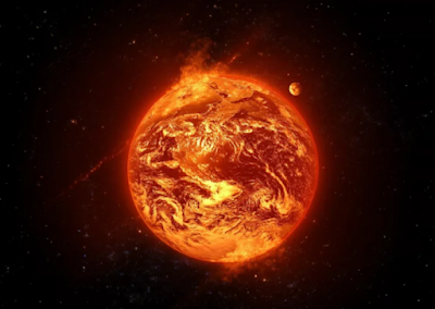 A breathtaking digital painting depicting the early Hadean Eon Earth. The planet is a sphere of glowing red and orange lava, with asteroids and comets streaking across the black, star-filled sky, impacting the molten surface and sending up plumes of vapor.